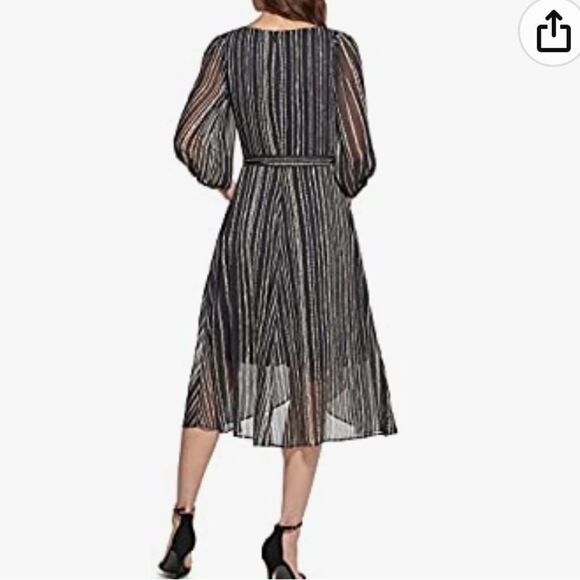 DKNY Metallic Stripe Print Surplice VNeck 3/4 Balloon Sleeve Tie Waist Faux Wrap - Picture 6 of 8